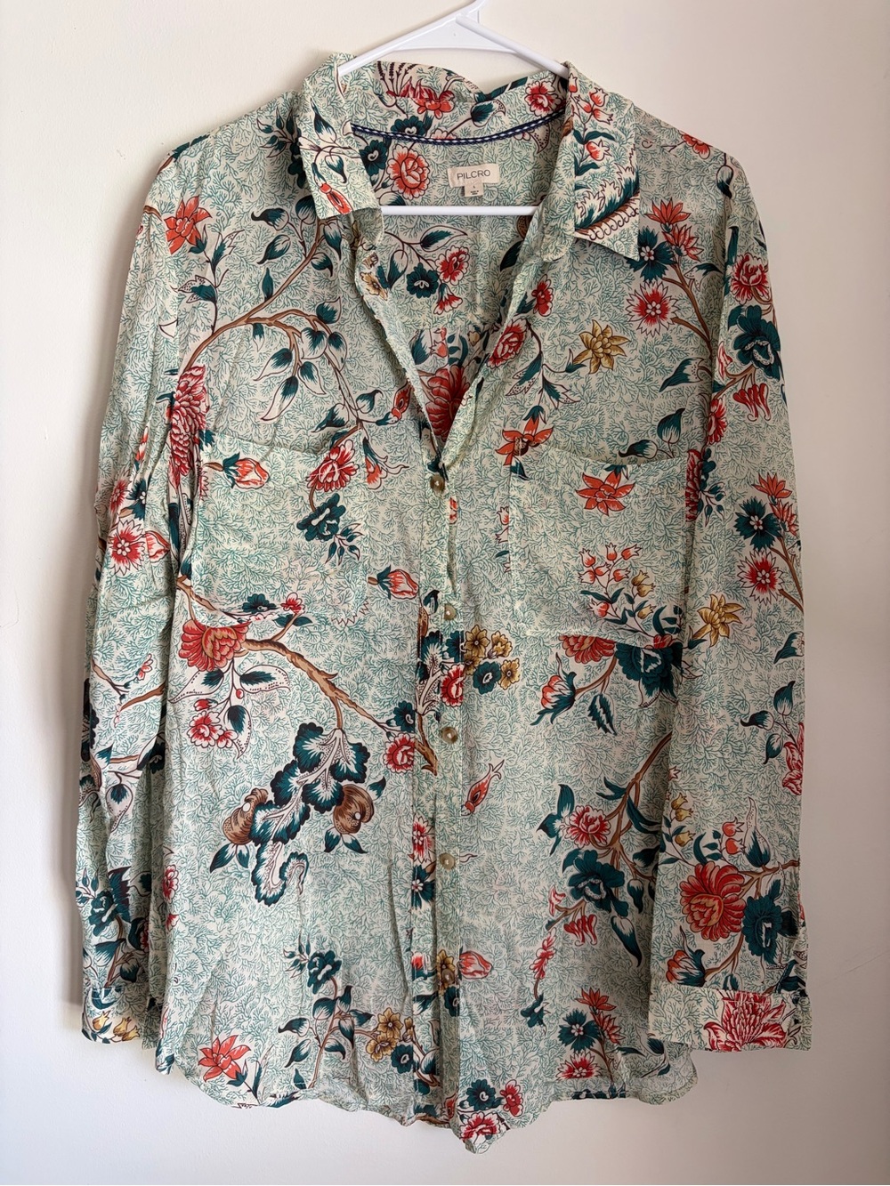 Pilcro Floral Button-Front Blouse in Sage and Coral - Picture 2 of 5